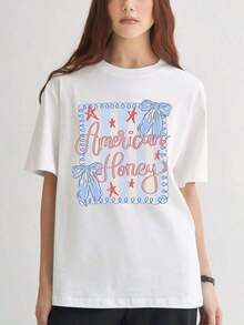 American Honey Preppy Graphic Print Summer T-Shirt, Short Sleeve, Round Neck, Casual Top For Women For Summer And Spring, Breathable And Comfortable Women's Clothing - 白色 - 查看 1