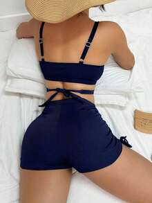Swim Basics Conjunto de bikini sexy de un solo color con diseño de cruz para mujer, ideal para playa de verano - Azul marino - Ver 2