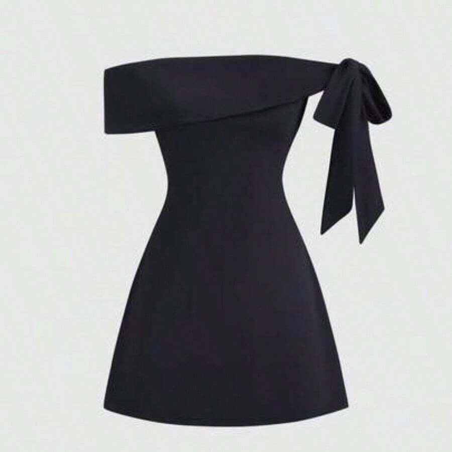 Vestido mini de línea A con cintura ajustada, hombros descubiertos, mangas con lazo asimétrico, adecuado para ir a trabajar, viajar y uso diario, primavera/verano - Negro - Ver 1