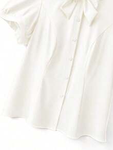 CURVE Blusa de manga de pétalo con lazo decorativo, casual/para el trabajo, talla grande de verano - Blanco - Ver 4
