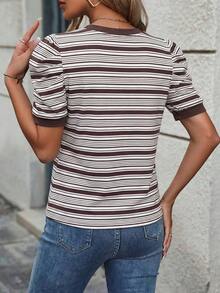 Selamara Camiseta casual de verano para mujer, de unicolor, cuello redondo y manga abullonada - Café integral - Ver 2