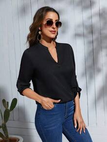 Clasi Blusa con cuello con muesca y mangas enrollables, blusas de manga larga - Negro - Ver 3