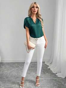 Blusa de satén de manga corta de cuello en V, unicolor elegante, para primavera/verano - Verde Oscuro - Ver 4