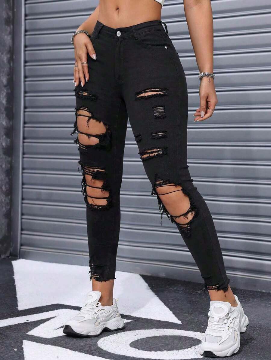 pitillo de unicolor con bolsillos y bordes deshilachados desgastados - Negro - Ver 1