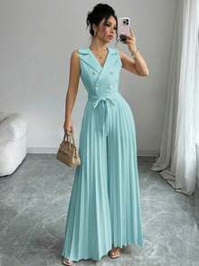 Mono plisado con diseño de chaleco cruzado elegante para mujer, color albaricoque, para primavera y otoño - Azul - Ver 3