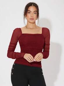 Camisa De Malla Plisada Con Cuello Brillante - Burdeos - Ver 5