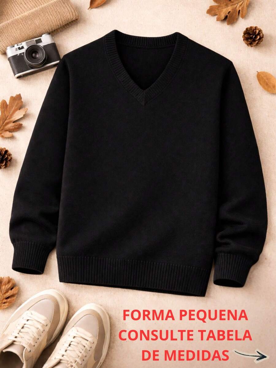 Boys' Junior Sweater, V-Neck Knit Sweater – Basic And Comfortable, Autumn/Winter 2026. - 黑色 - 查看 1