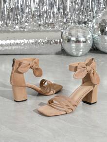 Square Toe Thick High Heel Rhinestone Decorated Elegant Glamorous Sandals, Suitable For Banquet Party, Fashion Versatile - Apricot - View 7