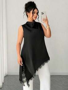 Blusa sin mangas con dobladillo de encaje para mujer de talla grande, elegante blusa larga de estilo vintage, versátil para el trabajo, graduación, vacaciones, San Valentín, festivales de música, Día de la Madre, Halloween, Acción de Gracias, Pascua, Día Nacional, bailes, citas, bodas, salidas, etc. - Negro - Ver 7