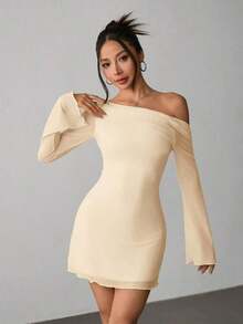 Vestido de malla con mangas de trompeta y espalda descubierta, nuevo y sexy para principios de otoño - Albaricoque - Ver 2