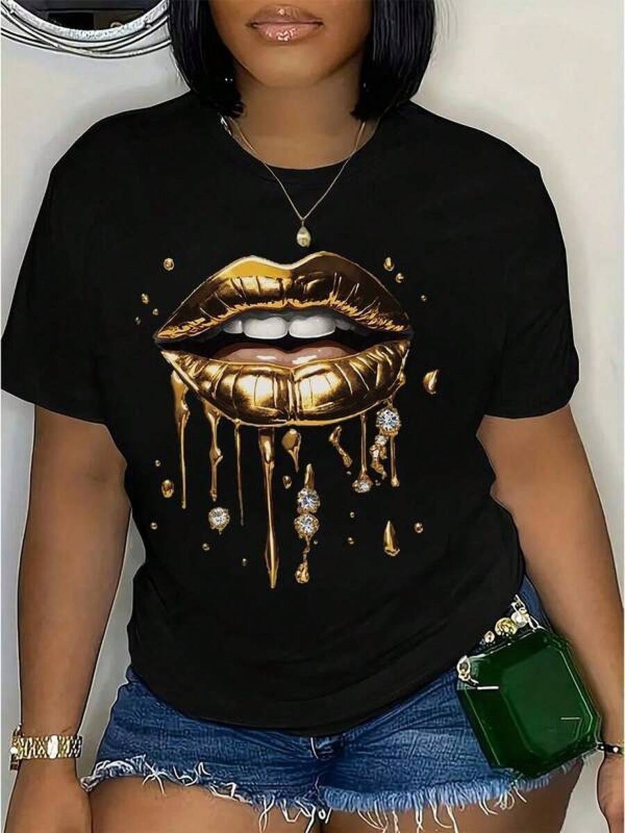 1 Piece Unisex Loose Fit T-Shirt 180g 100% Pure Cotton, Unique T-Shirt With Golden Lips Design And Shiny Y2k Style, Ideal For Those Looking To Stand Out With A Touch Of Elegance And Originality, Perfect For Any Occasion And Urban Fashion Lover In Mexico. - 黑色 - 查看 1