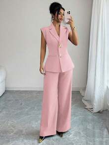 Conjunto de blazer de unicolor con decoración de hebilla metálica y bolsillo falso + pantalones rectos de cintura alta y sueltos, estilo vintage francés elegante para oficina, viajes, negocios, casual, citas, primavera/verano - Rosa - Ver 6