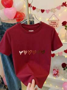 Camiseta de Manga Corta para Mujer en con Estampado de Corazones Multicolor para Ocasiones Casuales y Verano - Negro - Ver 8