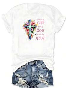 Celebrate Easter, Floral Cross Print T-Shirt "Jesus, The King Has Risen", Short Sleeve Crew Neck T-Shirt, Casual Top For Summer And Spring, Plus Size Clothing For Women - 黑色 - 查看 9