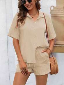 Conjunto De 2 Piezas Suelto Casual De Color Sólido Para Mujeres - Albaricoque - Ver 6