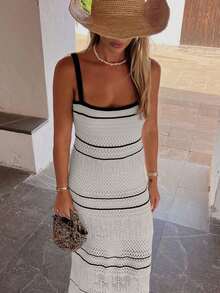 Vestido de punto ajustado sin mangas con rayas negras y beige elegante y minimalista para mujer, vestido de ganchillo ajustado casual con recortes, para primavera/verano/otoño - Gris Claro - Ver 3
