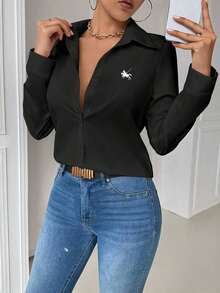 Blusa blanca casual con cuello y bolsillo, de manga larga ajustada para mujeres - Negro 2 - Ver 7