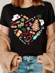 New And Fashionable Women's T-Shirt 2026, Christmas Nurse Print With Special Heart Effect, Round Neck And Short Sleeves, Nurse T-Shirt For The Holidays, Christmas Care. FOHK - 黑色 - 查看 8