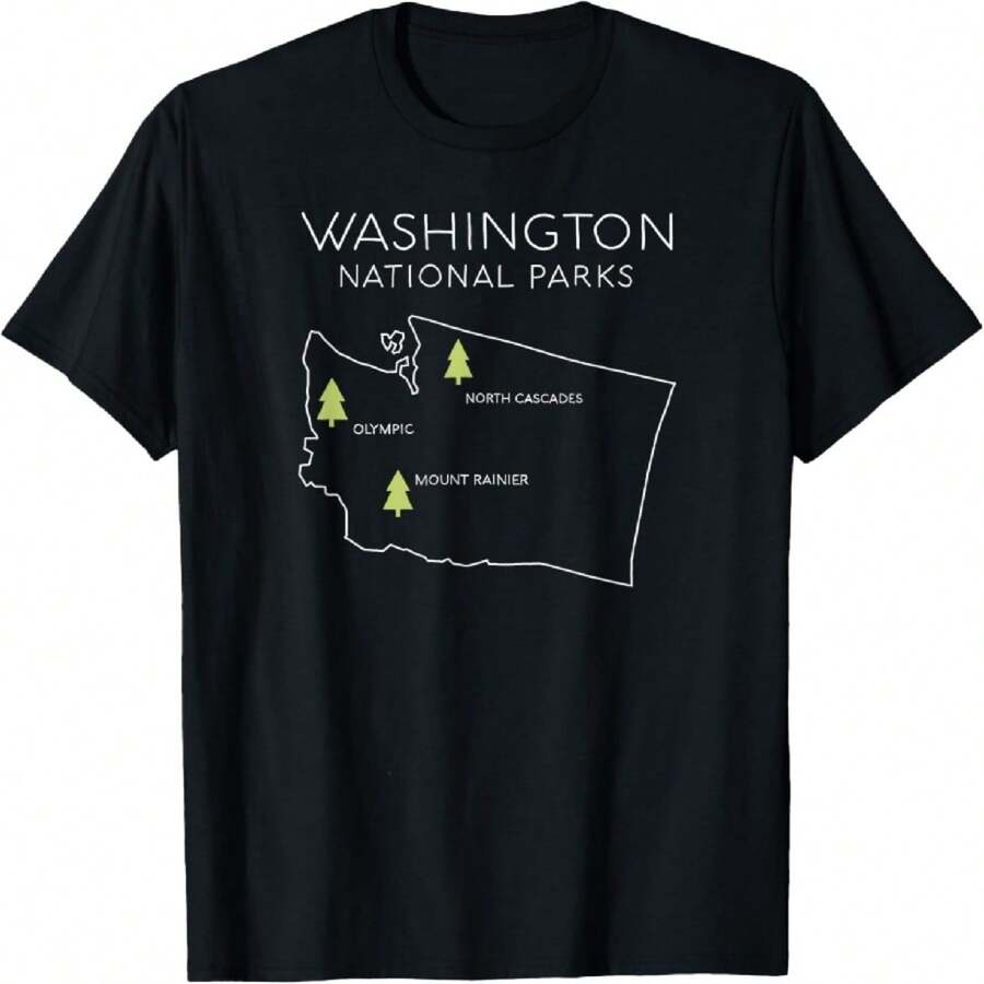 Washington National Park Map Mount Rainer North Cascades T-Shirt - Black - View 1