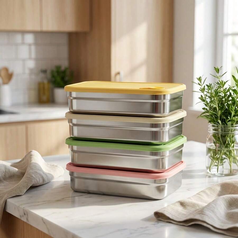 304 Stainless Steel Food Container, Stackable Refrigerator Sealed Fresh-Keeping Box, Fruit And Vegetable Meat Storage Box With Lid, Large Capacity Food Preservation Box, Suitable For Kitchen Food Storage And Organization - Multicolor - View 1