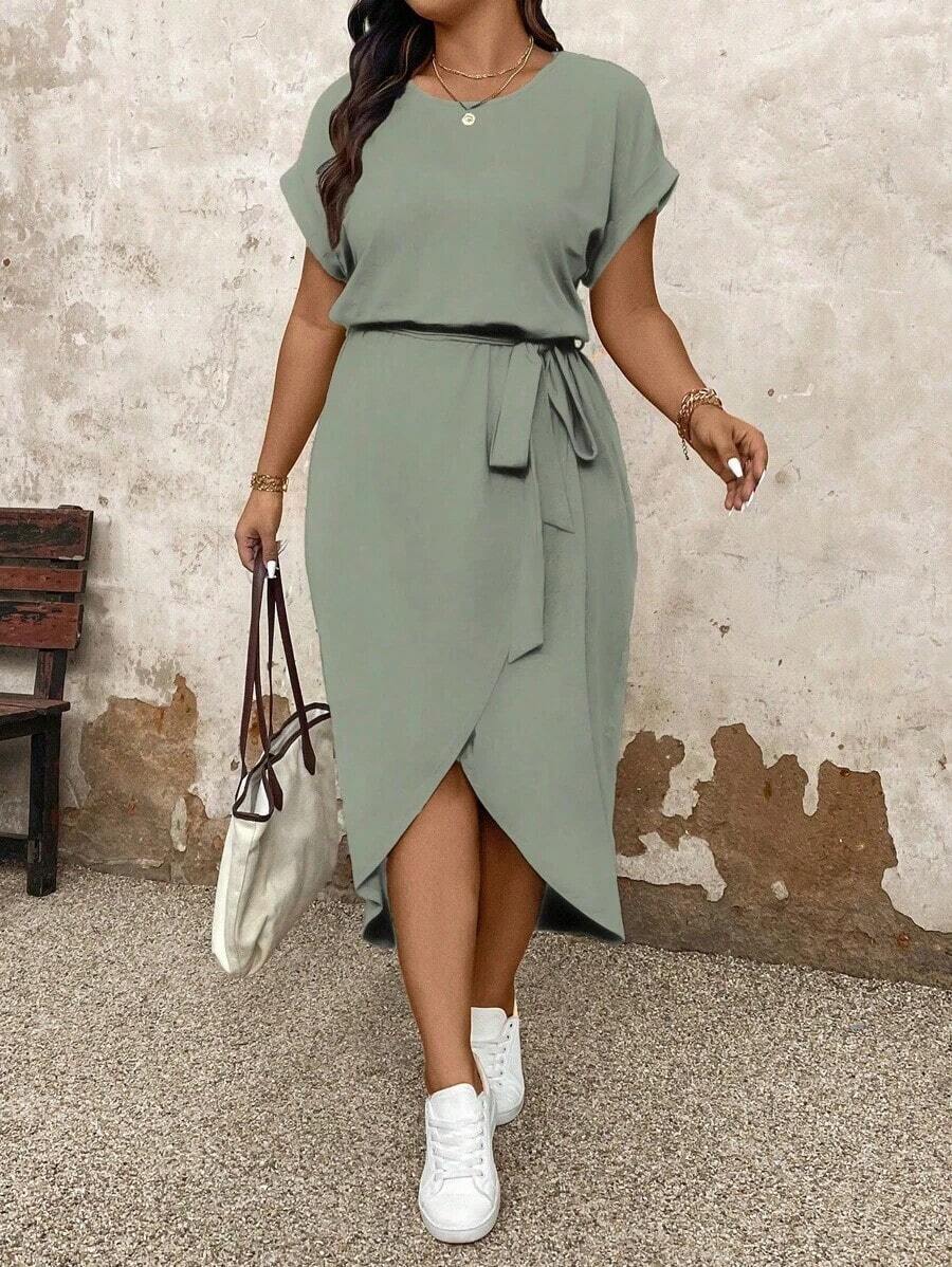 Vestido casual de talla grande para mujer con cuello redondo, manga corta tipo murciélago y bajo asimétrico.Vestido largo de verano para mujer - Verde - Ver 1