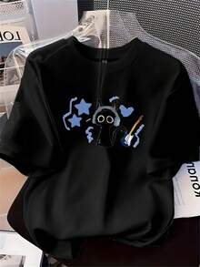 Women's Casual Short Sleeve T-Shirt - Cat And Star Print, Soft And Comfortable Crew Neck, Versatile Machine Washable Top For All Year Round - Black - View 6