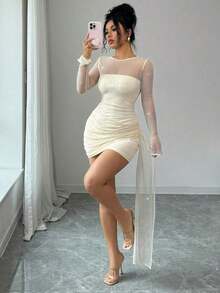 YHHSHEIN Raffinéa Vestido apricot brillante y transparente para mujer, vestido mini ajustado con manga larga, transparente, con volantes verticales, adecuado para fiestas de solteros, fiestas de vacaciones, galas de noche, eventos de boda y otras ocasionesYHH - Albaricoque - Ver 3