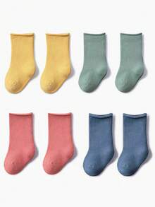 4 Pairs Baby Socks, Minimalist Mismatched Design, Fashionable Cuffed Socks - Multicolor - View 9