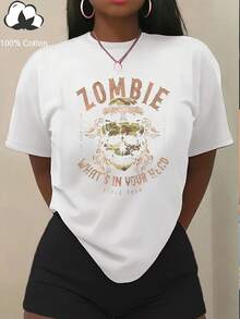 Zombie T-Shirt, Black Punk Style, A Must-Have Gift For Rock Fans, Short-Sleeved T-Shirt For Women, Ideal For Outdoor Travel, Spring And Summer Top. - 白色 - 查看 1