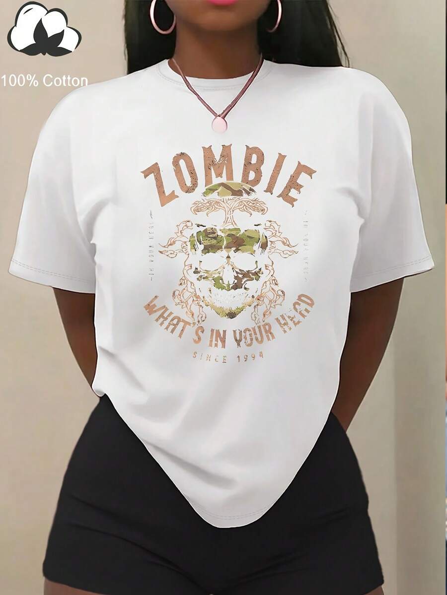 Zombie T-Shirt, Black Punk Style, A Must-Have Gift For Rock Fans, Short-Sleeved T-Shirt For Women, Ideal For Outdoor Travel, Spring And Summer Top. - 白色 - 查看 1