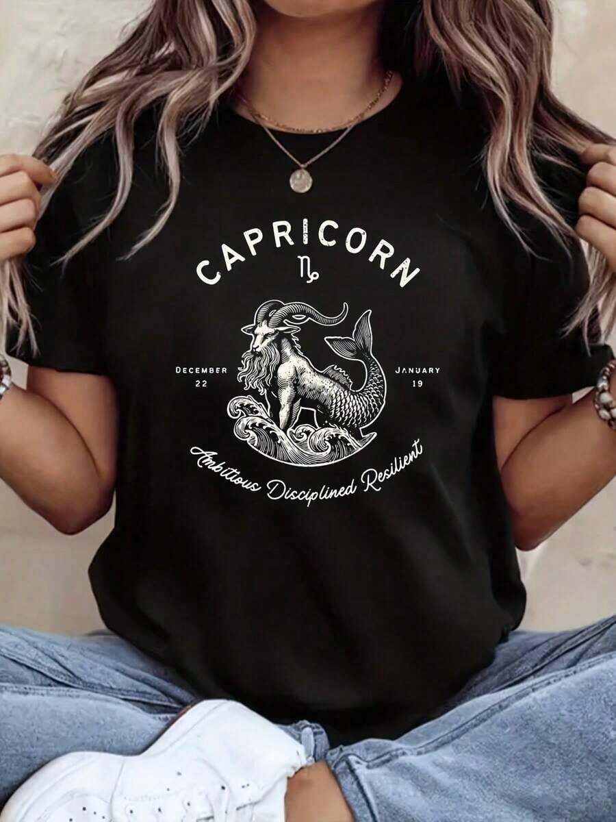 Camisetas gráficas para mujer, camiseta con estampado del signo zodiacal, casual, de corte holgado, de manga corta, transpirable, perfecta para el uso diario, camisetas de verano de algodón de 220 g. - Negro - Ver 1
