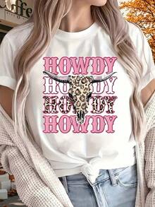 Camisetas gráficas de mujer estilo cowgirl con texto "Howdy" en rosa y estampado de leopardo con gráfico de calavera de toro para fiestas western, 220g algodón, tops de verano, playeras de mujer algodón. - Blanco - Ver 6