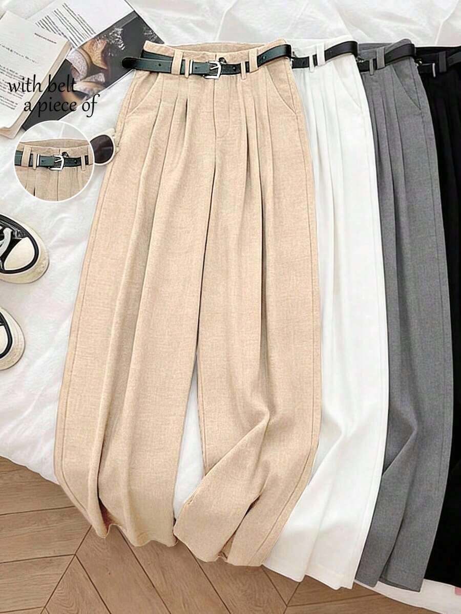 Pantalones anchos casuales y sueltos para mujer con bolsillos, decoración de cinturón en la cintura, diseñados para mujeres, adecuados para negocios, oficina, uniforme de maestro, uso casual versátil de moda, pantalones anchos para ir y venir, aptos para primavera, verano y otoño - Albaricoque - Ver 1