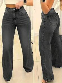 Women's Loose Casual Basic Straight Leg Jeans With Pockets - Dark Grey - View 3