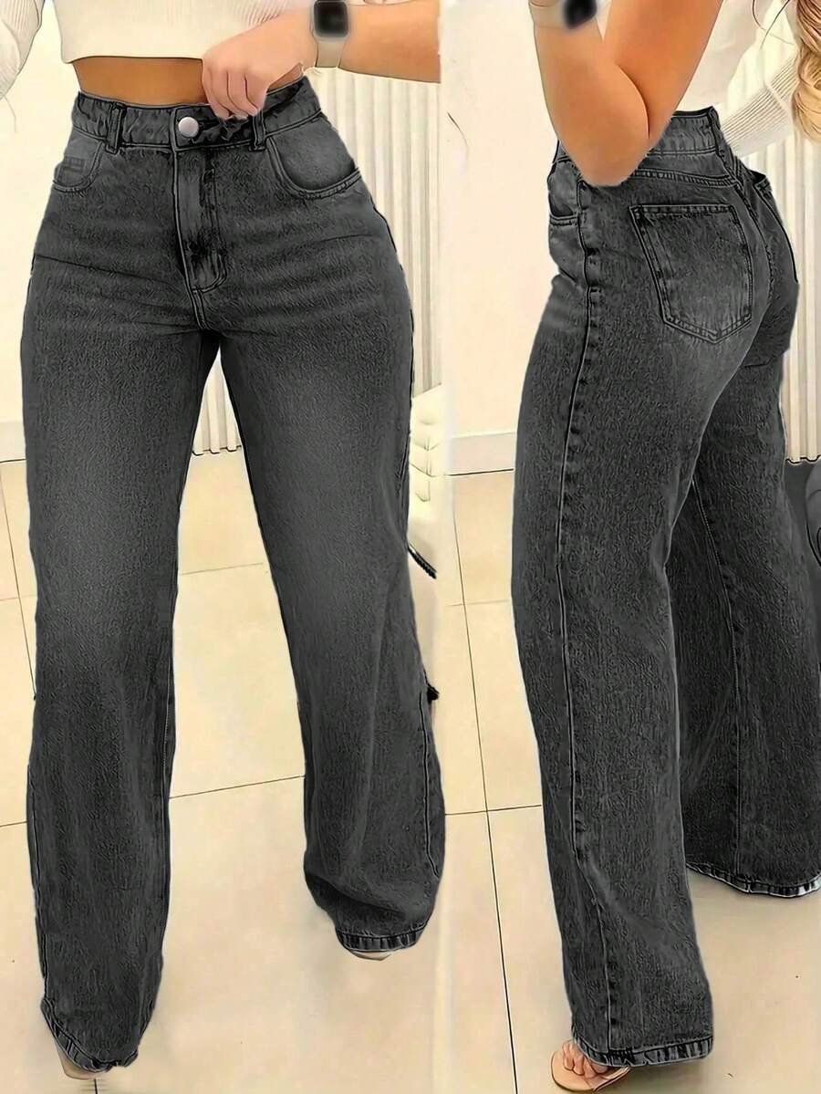 Women's Loose Casual Basic Straight Leg Denim Jeans With Pockets - Dark Grey - View 1