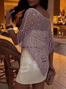 Summer Beach Cover-Up, Casual Holiday Solid Color Sequin Loose Hollow Shoulder Tassel Top, Suitable For Beach Party, Music Festival - Mauve Purple - View 7