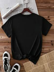 Women's Black T-Shirt With Super Mama Rainbow Gold Star Print, Oversized Size, Casual Fashion For Moms, Colorful Retro Style - 黑色 - 查看 3