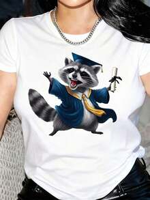 Women's Clothing 1pc Casual Short Sleeve Crew Neck T-Shirt For Women, Fashionable Cartoon Raccoon Print, Slightly Stretchy Fabric, Perfect For Graduation Season, All Season T-Shirt. Fun Graphic T-Shirt, Shiny Fabric, Raccoon T-Shirt, Women's Shirts. - 白色 - 查看 6