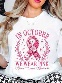 Camiseta de Mujer con Diseño Floral y Lazo Rosa para la Concientización sobre el Cáncer de Mama. En Octubre Usamos Rosa por el Mes de Concientización sobre el Cáncer de Mama. - Blanco - Ver 6