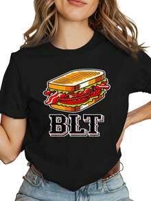 Una camiseta de mujer de manga corta, holgada, moderna, a la moda y retro, adecuada para actividades al aire libre en primavera y verano, cómoda y elegante, con el estampado 'sándwich BLT', que muestra tocino, lechuga, tomate y mayonesa.Ideal como regalo, moderna, a la moda, retro, transpirable, casual - cuello redondo, corte regular - lavable a máquina, camiseta estampada adecuada para todas las ocasiones.blusas para mujer,blusas casuales para dama,tops,, mujer premium,y2k,playeras de mujer curvy,ofertas y liquidaciones ropa mujer,playeras deportivas para mujer,,playeras de hombre, mujer,blusas>elegante C5FR - Negro - Ver 1