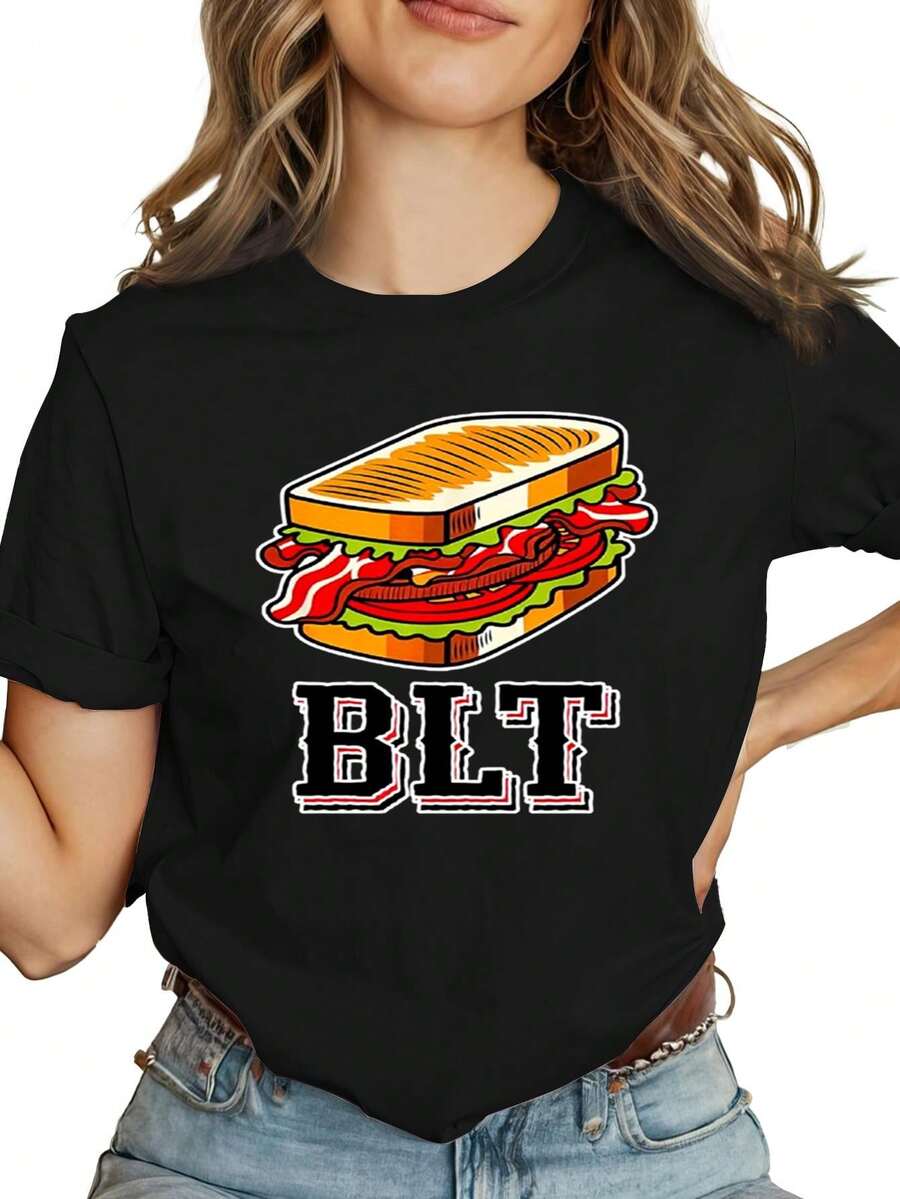 Una camiseta de mujer de manga corta, holgada, moderna, a la moda y retro, adecuada para actividades al aire libre en primavera y verano, cómoda y elegante, con el estampado 'sándwich BLT', que muestra tocino, lechuga, tomate y mayonesa.Ideal como regalo, moderna, a la moda, retro, transpirable, casual - cuello redondo, corte regular - lavable a máquina, camiseta estampada adecuada para todas las ocasiones.blusas para mujer,blusas casuales para dama,tops,, mujer premium,y2k,playeras de mujer curvy,ofertas y liquidaciones ropa mujer,playeras deportivas para mujer,,playeras de hombre, mujer,blusas>elegante C5FR - Negro - Ver 1