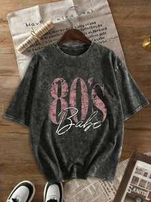 1 Piece Women's Plus Size 80s Retro Graphic T-Shirt - Loose Fit, Large Letter Print, Casual, Short Sleeve, Crew Neck, Machine Washable, Comfortable, Relaxed Fit, Fun Design, Cotton Fabric, Suitable For Daily Wear, Urban Retro Style, Black, Summer, 180g, 100% Cotton - 黑色 - 查看 11