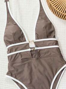 Swim Chiccia Traje de baño de una pieza sexy con escote en V profundo negro, estilo bohemio de festival - Marrón - Ver 3