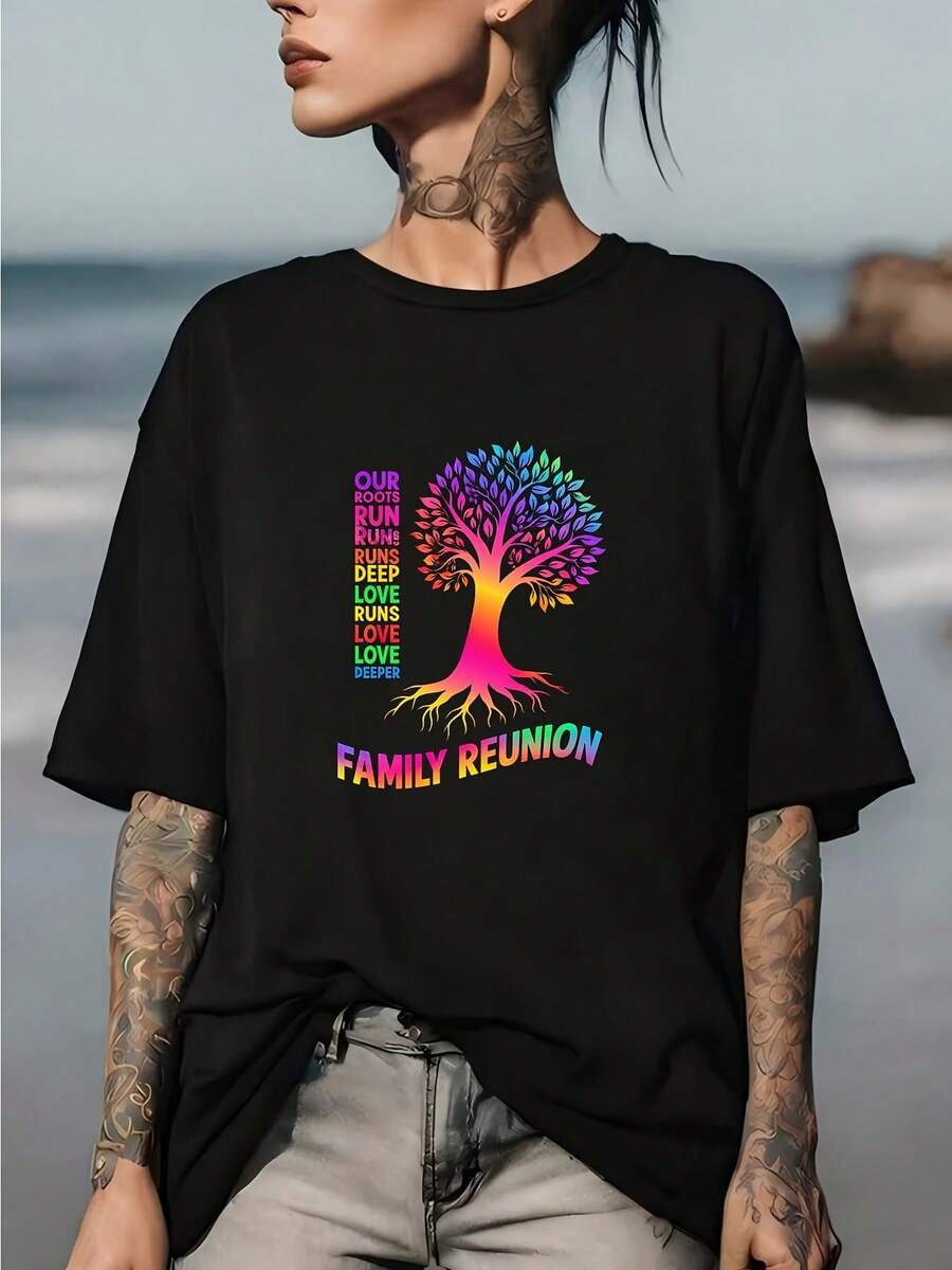 Comfortable 180g T-Shirt Suitable For Family Gatherings - "Tree Of Affection" Design, Perfect Gift For Summer Office Parties And Team Building Events. - Black - View 1