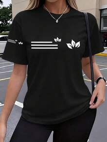 Essential 1-Piece Casual T-Shirt With Petal And Stripe Print, Y2K Style, Short Sleeve, Women's Sportswear, Summer, Elegant, Comfortable, Breathable, Round Neck, Short Sleeve, Versatile For Daily Use, Soft Cotton T-Shirt For Everyday Wear. - 白色 - 查看 7