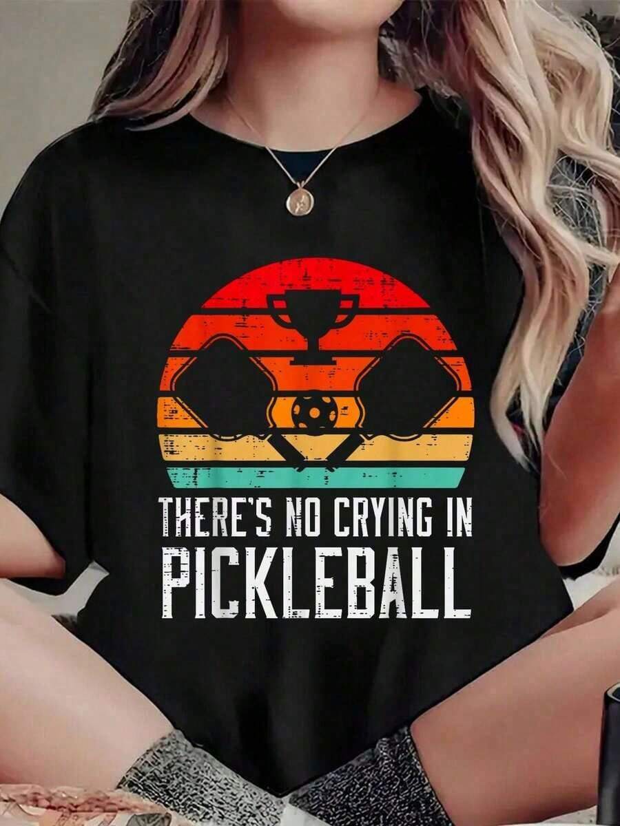 No Crying In Pickleball, Pickleball T-Shirt For Men, Women And Children, Short Sleeve Round Neck Summer Casual Top. - 黑色 - 查看 1