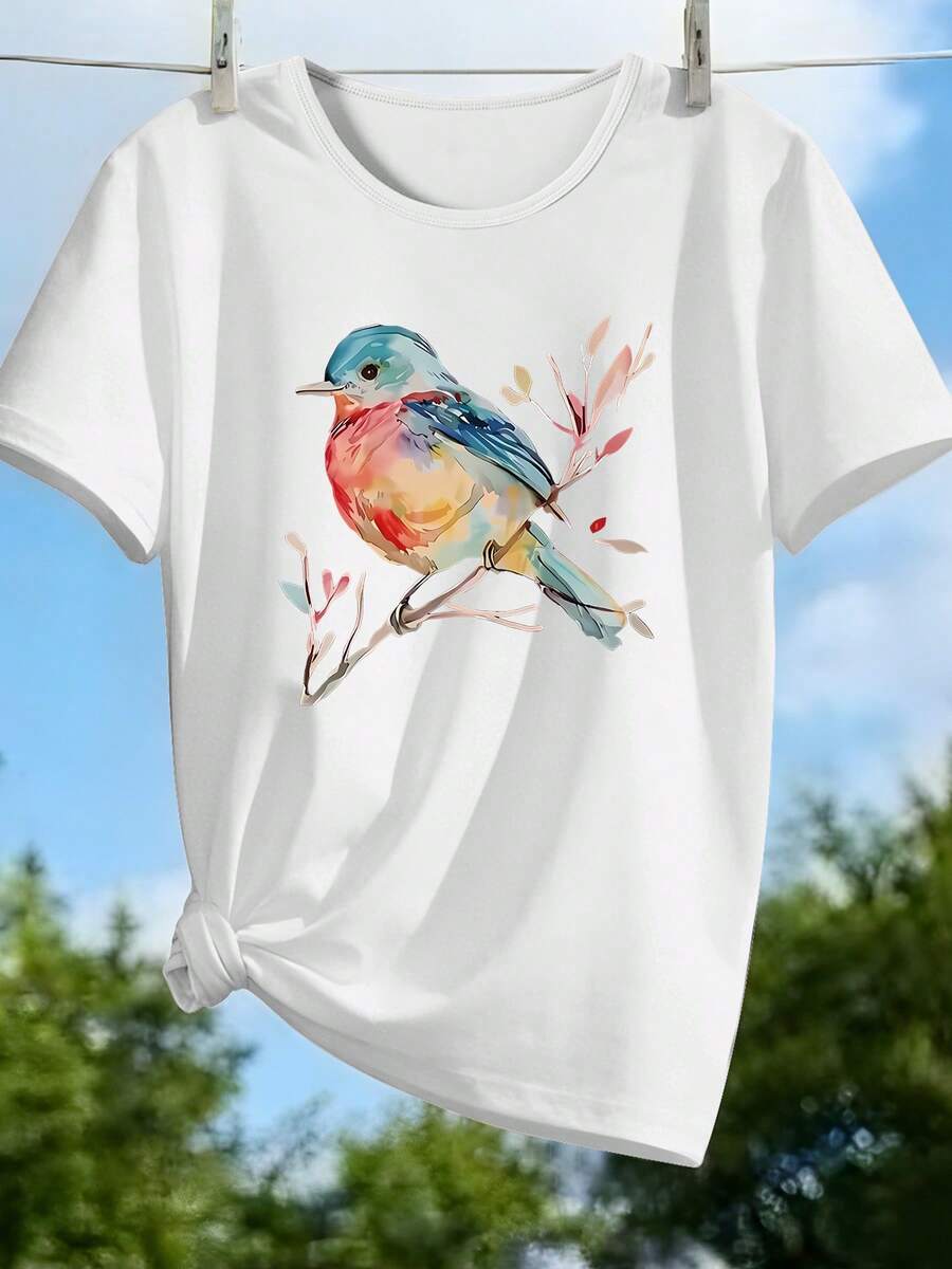 Women's Casual T-Shirt - Watercolor Floral Print - Printed Design - Casual Sports T-Shirt For Women - Beautiful Short Sleeves, Suitable For All Seasons, Comfortable Fabric, Urban Style, Perfect For Everyday Wear - 白色 - 查看 1