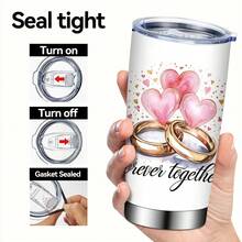 1/5個 20盎司不鏽鋼真空保溫杯，防漏杯蓋，Forever Together婚戒與愛心圖案，適用於汽車杯架，清新婚禮杯，適合婚禮伴手禮、情侶禮物、日常通勤、戶外旅行 - 婚禮2 - 查看 3