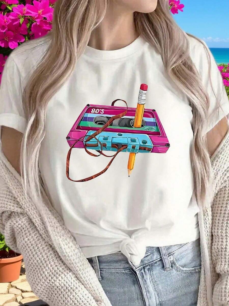 Adorable Women's T-Shirt With A 90s Cassette Tape Graphic, Round Neck, Lightweight And Comfortable For Everyday Wear, Ideal For Home, Cafes Or Outings - 白色 - 查看 1