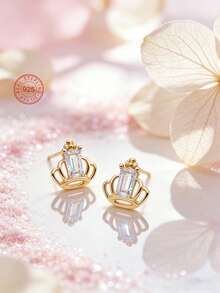 1 Pair 925 Sterling Silver Hypoallergenic Crown Stud Earrings, Adorable And Cute Design With Sparkling Cubic Zirconia, Gift Box Packaging, Suitable For Daily Wear Or Festivals, Gift For Girls, Friends, Back To School, Holiday - one-size - View 5